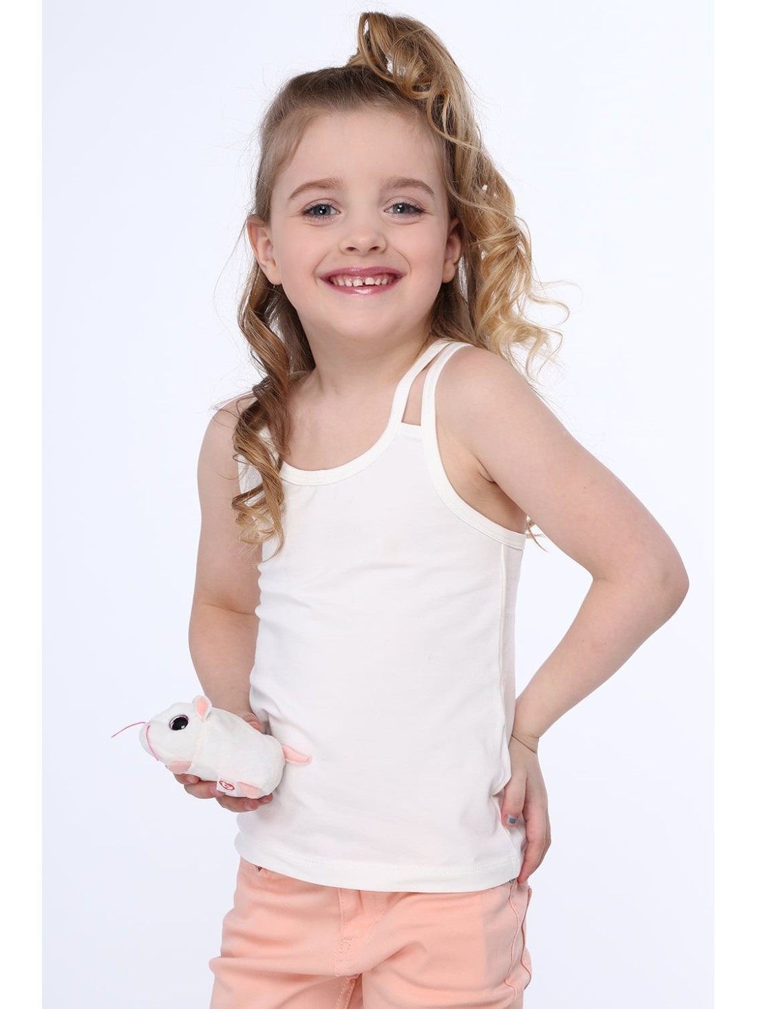 Girls\' T-shirt with double straps, cream, NDZ7772 - Online store - Boutique